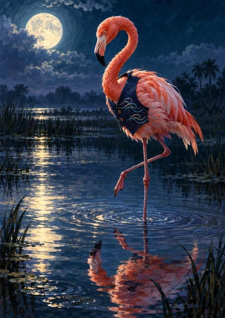 Coral-pink flamingo wearing a dark blue vest lifts one leg in a moonlit marsh pool, its reflection visible in the rippling water.