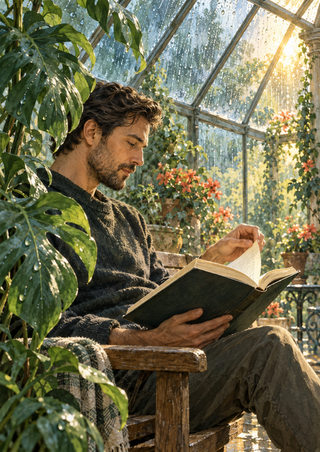 Adult man seated in profile reading an open book in a glass conservatory as rain streaks the roof and sunlight falls through the foliage.