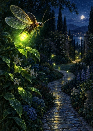Glowing firefly among leaves above a winding garden path leading to an open gate beneath the moon.