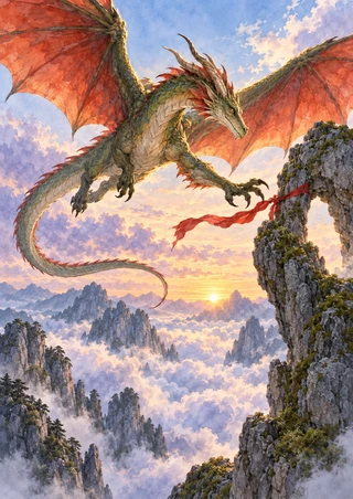 Winged dragon reaches toward a red ribbon tied to a stone arch above clouds and mountain peaks at sunrise.
