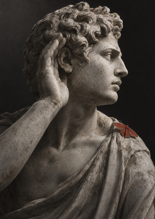 Right-facing weathered marble bust cupping a hand behind its ear, with a reddish paper moth on its shoulder against charcoal.