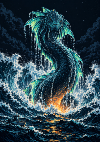 Dark-scaled sea creature with glowing turquoise-green fins rising through ocean spray, with a small boat at lower left.