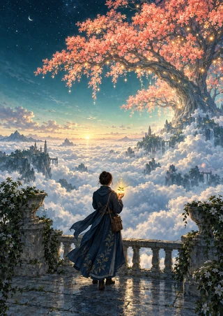 A botanist in a dark blue coat holds a glowing seedling on a stone terrace, looking toward a coral-blossomed tree above clouds.
