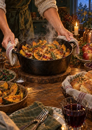 Steaming cast-iron casserole held with cloths over a wooden trivet amid harvest foods and tableware.