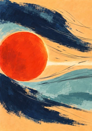 A large vermilion disk between sweeping indigo and pale aqua bands on an apricot background, with fine curved strokes extending right.