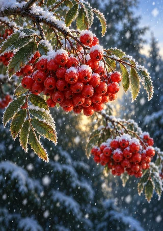 Snow-covered rowan-like branches with red-orange berries and frosted serrated leaves against blurred dark evergreens.