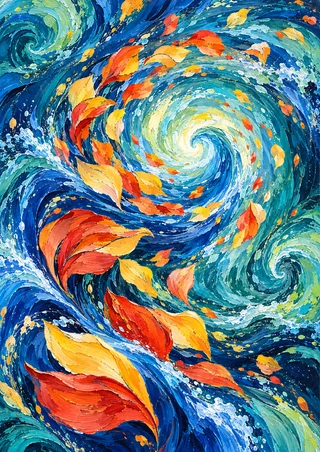 A luminous blue-white whirl surrounded by cobalt and turquoise currents, with orange, coral, and yellow petal-like forms.
