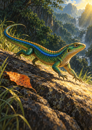 Blue-green lizard with amber dorsal ridges running on a rocky ledge, with curled tail, orange leaf, forest, and waterfall.