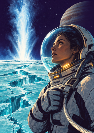 Helmeted space explorer looking toward a bright plume erupting from fractured turquoise ice beneath a large banded planet.