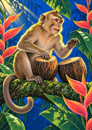 Illustration of a macaque on a mossy branch beside two drums, framed by coral flowers and foliage against blue.