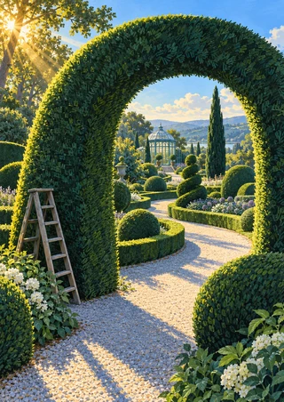A large clipped hedge arch frames a winding gravel path, sculpted topiary, a ladder, and a glass conservatory.