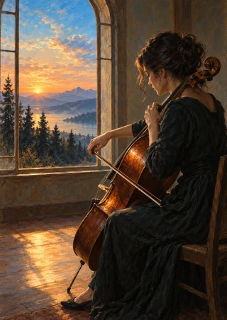 Seated adult cellist playing a brown cello beside an arched window overlooking a sunrise landscape of mountains, water, and pines.