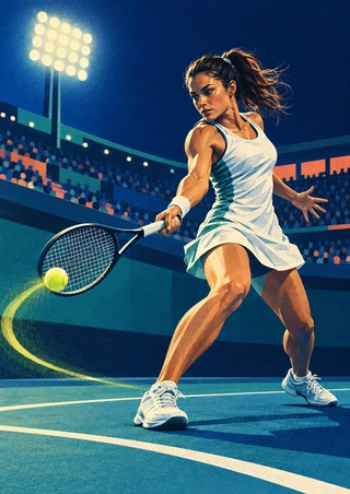 Adult woman tennis player in white swinging low toward a bright ball on a teal court, with stadium seating and floodlights behind her.