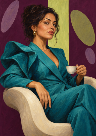 Adult woman in a teal suit sits in a cream sculptural chair holding a white teacup against a plum-and-lime background.
