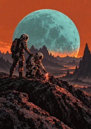 Two helmeted space explorers on a dark rocky ridge beneath a huge turquoise moon and orange-lit horizon.