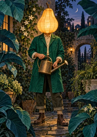Full-body gardener in an emerald coat holding a metal watering can, with a glowing pear-shaped lantern for a head in a leafy twilight courtyard.