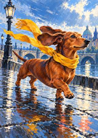 A reddish-brown dachshund wearing a flowing yellow scarf trots through reflective water on a city bridge.