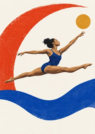 Adult dancer in a wide leap above a cobalt band, reaching toward an ochre circle beneath a vermilion arc.
