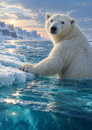 White polar bear in blue water with one forepaw on a broken ice shelf, distant snowy cliffs, and a warm horizon glow.