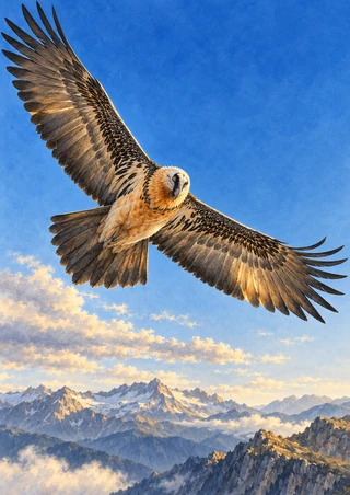 A bearded vulture with broad extended wings and a fanned tail soars above layered sunlit mountains beneath a blue sky.