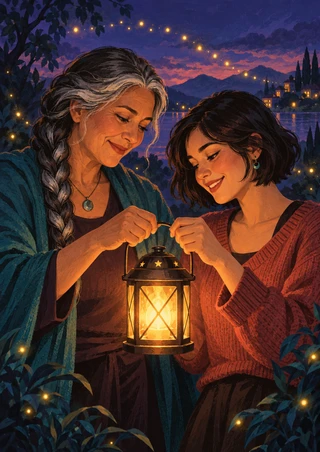 Two adult women, one with a silver-streaked braid and one with a short dark bob, lighting a glowing lantern beside a lake at twilight.