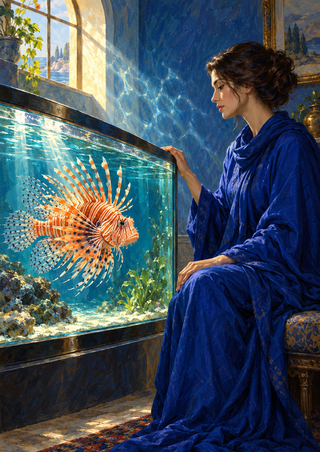 A seated woman in a cobalt robe watches an orange lionfish in a glass aquarium lit by a bright window.