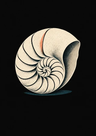 Ivory chambered nautilus-like shell with dark contours and a coral ridge accent centered on a black background above a teal shadow.