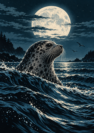 Spotted seal lifts its head above dark waves beneath a cloud-veiled full moon, with two seabirds flying over a distant coastline.