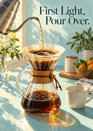 Metal gooseneck kettle pouring coffee into a glass dripper and carafe, with a white cup, citrus, and plants beneath a large serif title.
