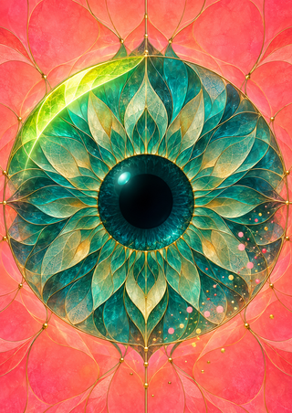 A centered ornamental teal eye-like form with layered leaf-shaped rays, chartreuse light and small flecks on a coral-pink geometric background.