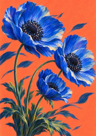 Three vivid blue, dark-centered flowers with green stems and leaves against a coral-orange background.