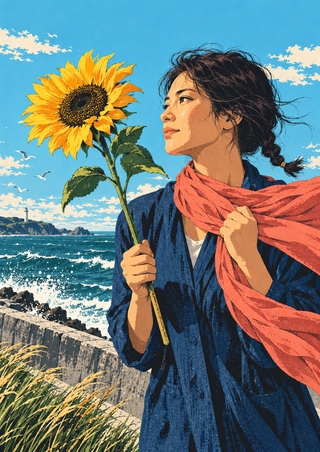Adult woman holding a large sunflower and gathering a streaming coral scarf by the sea, with rocky surf, seawall, and grasses.