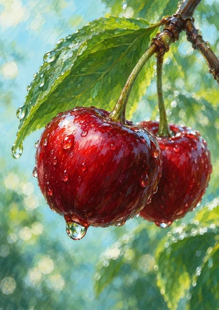 Two glossy red cherries beneath a broad green leaf, with water droplets on the fruit and foliage against an aqua-green background.