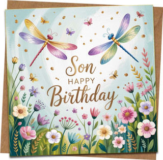 Son Birthday Card – Dragonflies and Wildflower Meadow Design, 145mm x 145mm Square Greeting Card with Kraft Envelope – Happy Birthday Card for Son