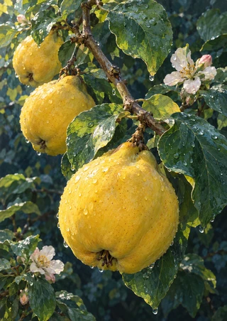Three golden quince-like fruits on a rain-beaded branch among broad wet leaves and pale blossoms against dark blue-green foliage.