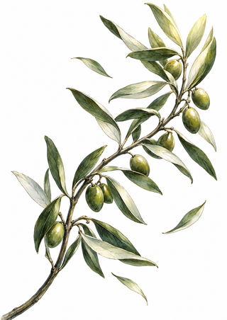 A diagonal olive branch with narrow leaves and green olives, plus a few detached leaves, illustrated on a white background.