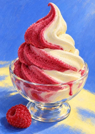 Pink and ivory soft-serve spiral in a clear glass pedestal dish, with a raspberry nearby against a blue background.