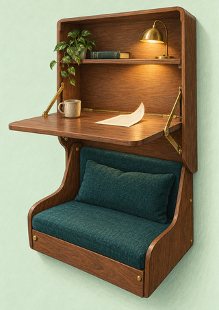 Wooden wall-mounted fold-down desk above a teal cushioned seat, with a brass lamp, books, plant, mug, and loose sheet.