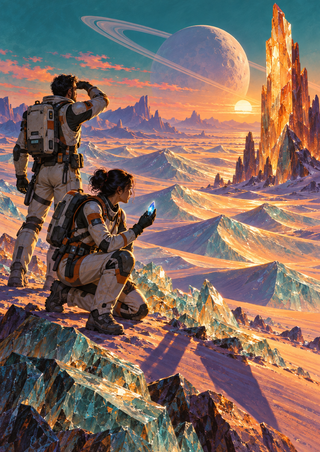 Two suited explorers on a faceted mineral desert, one kneeling with a glowing blue shard and the other shading their eyes, beneath a ringed world.