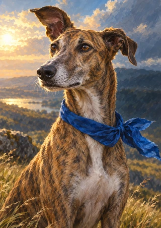 Alert brindle dog in a cobalt neckerchief looking left against a sunlit mountain landscape with golden grasses.
