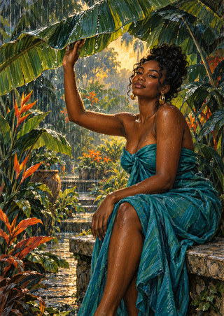 Seated woman in a teal wrap raising one arm toward a broad overhead leaf in a lush tropical garden with orange flowers and warm light.