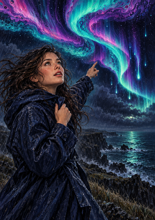 Woman in a dark indigo coat points toward a colorful curling aurora above a rocky coast and dark sea.