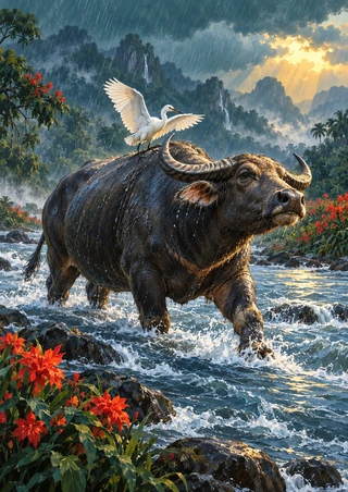 Dark water buffalo wading through foamy river water with a white egret standing on its back, red flowers on the bank and golden light through storm clouds.