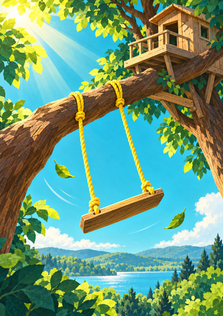 A yellow rope swing hangs beneath a treehouse platform in a leafy canopy, with a lake and hills in the distance.