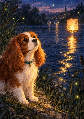 Chestnut-and-white spaniel in a teal collar watching an amber lantern float above a moonlit river, with a bridge and town in the distance.