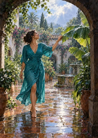 A barefoot woman in a teal wrap dress reaches toward a banana leaf in a lush courtyard with reflective paving and a stone arch.