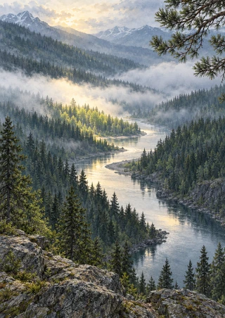 Winding river through a foggy pine-covered mountain valley, with an illuminated clearing, rocky foreground, and branches framing the view.