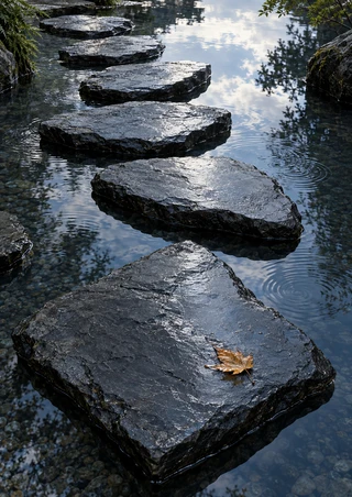 Rain-wet dark slate stepping stones descend through reflective water, with a brown-gold leaf on the foreground slab and vegetation along the edges.
