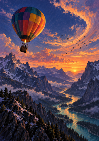 A colorful hot-air balloon above a rugged violet mountain valley at sunset, with birds in the sky and a reflective river below.