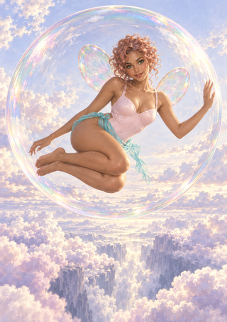 Curly-haired winged woman seated inside a large iridescent bubble above pastel clouds and distant cliffs.